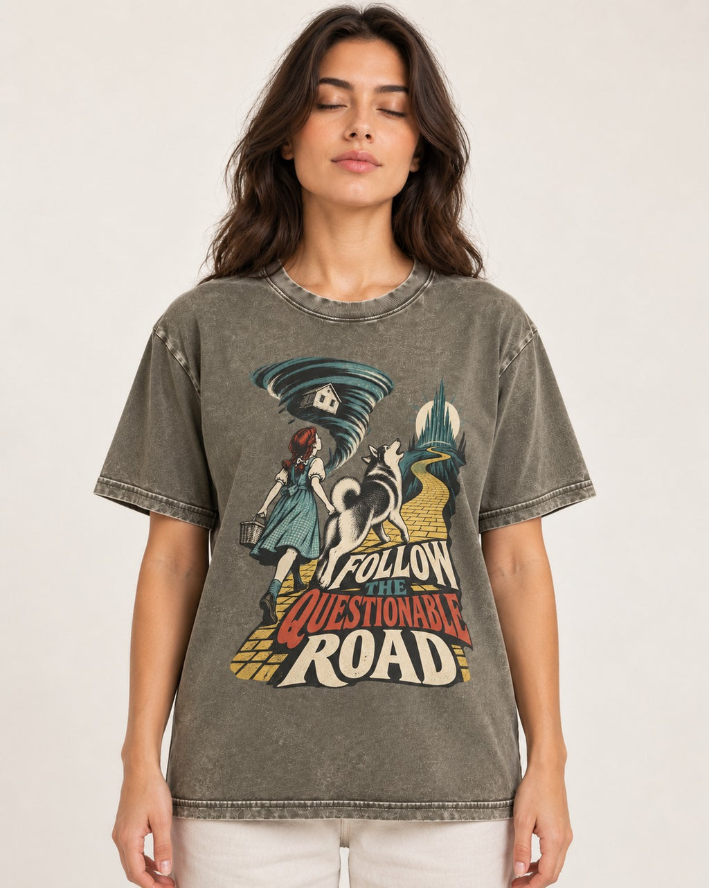 Husky Follow the Questionable Road Tornado Graphic Washed Tee in Army Green, worn by a model