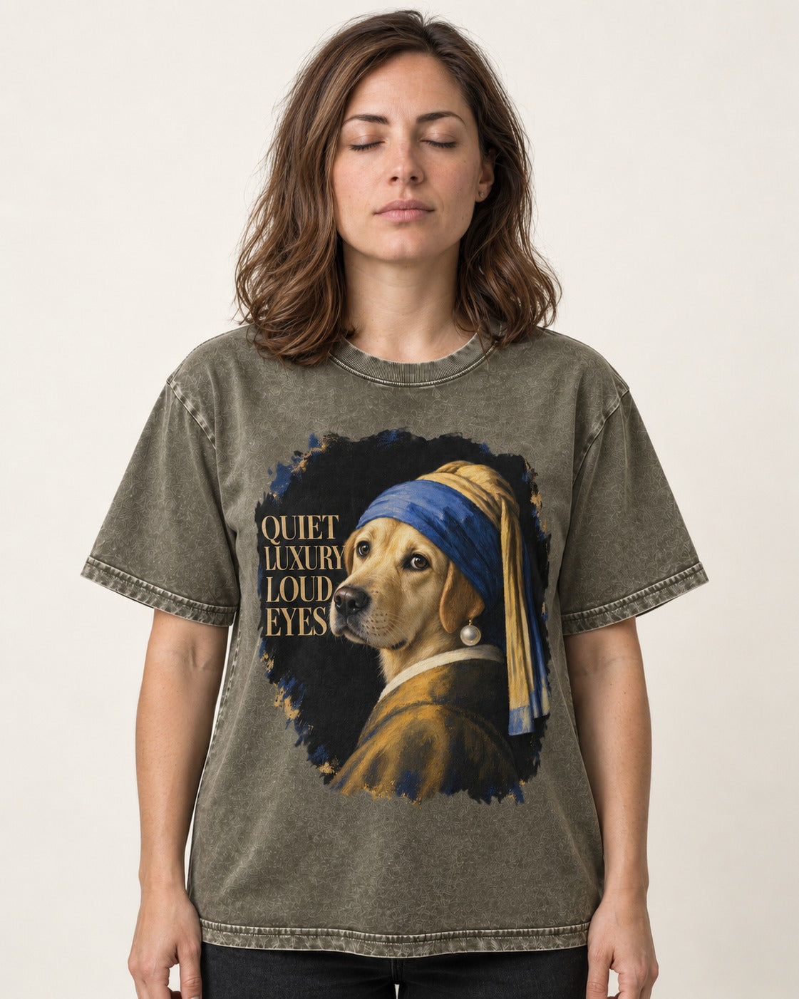 Labrador Retriever Quiet Luxury Loud Eyes Pearl Earring Graphic Washed Tee in Army Green, worn by a model