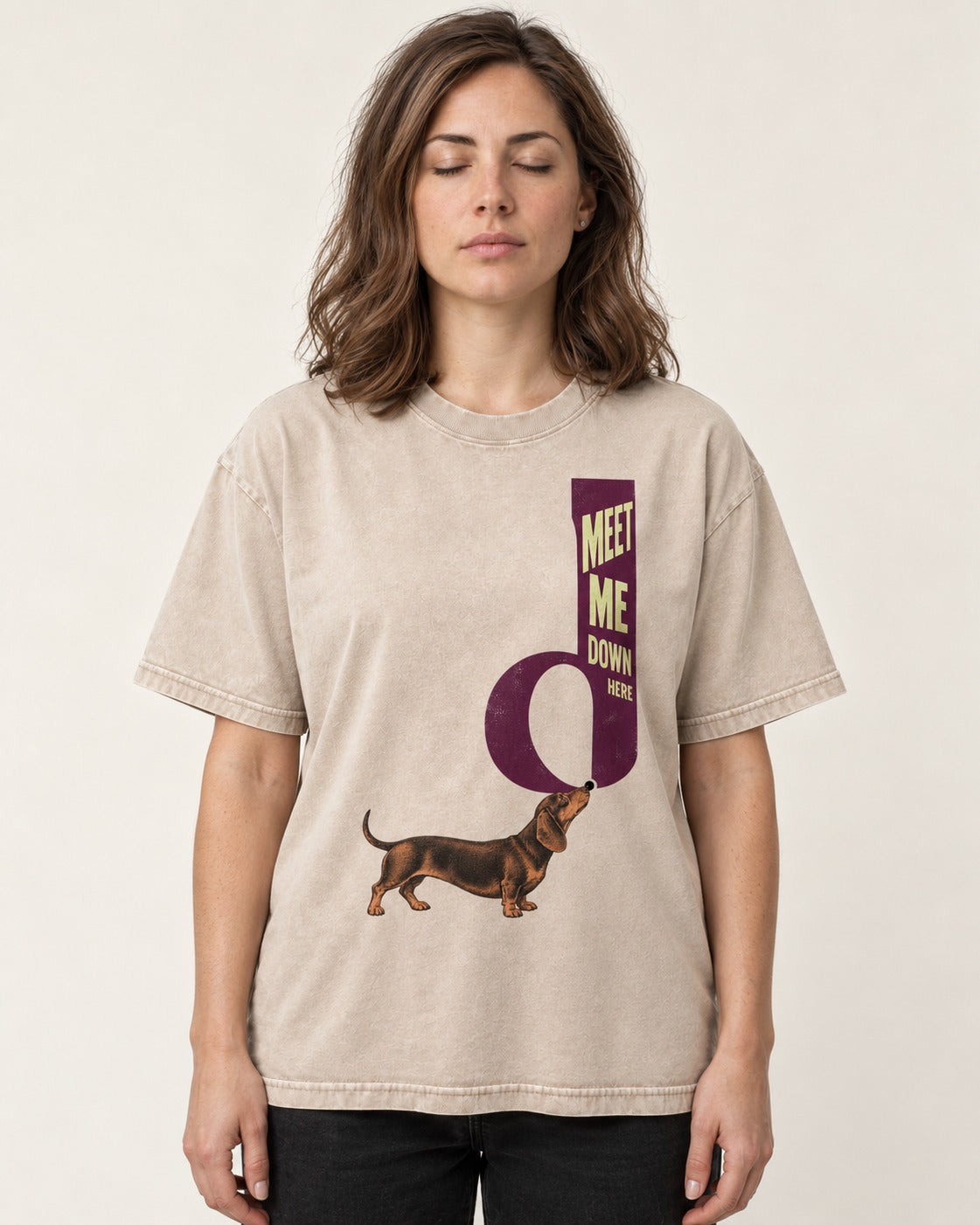Dachshund Meet Me Down Here Letterform Loop Graphic Washed Tee in Apricot, worn by a model