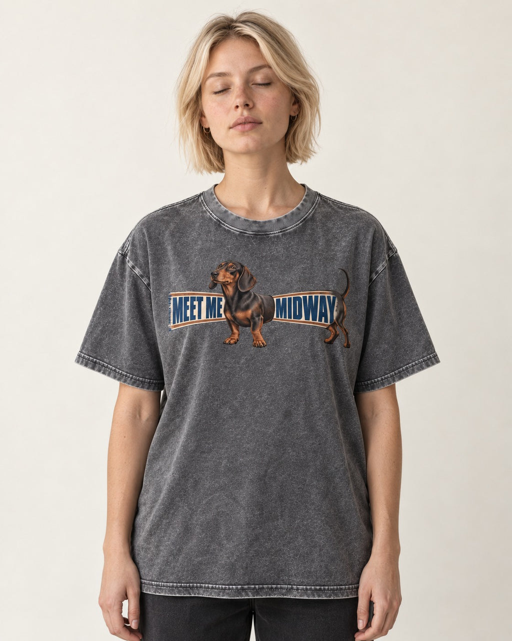 Dachshund Meet Me Midway Washed Tee in Gray, worn by a model