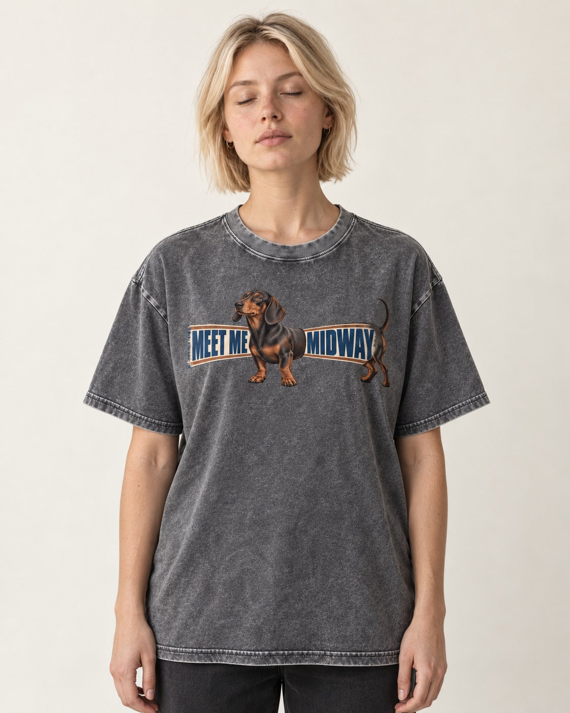 Dachshund Meet Me Midway Washed Tee in Gray, worn by a model