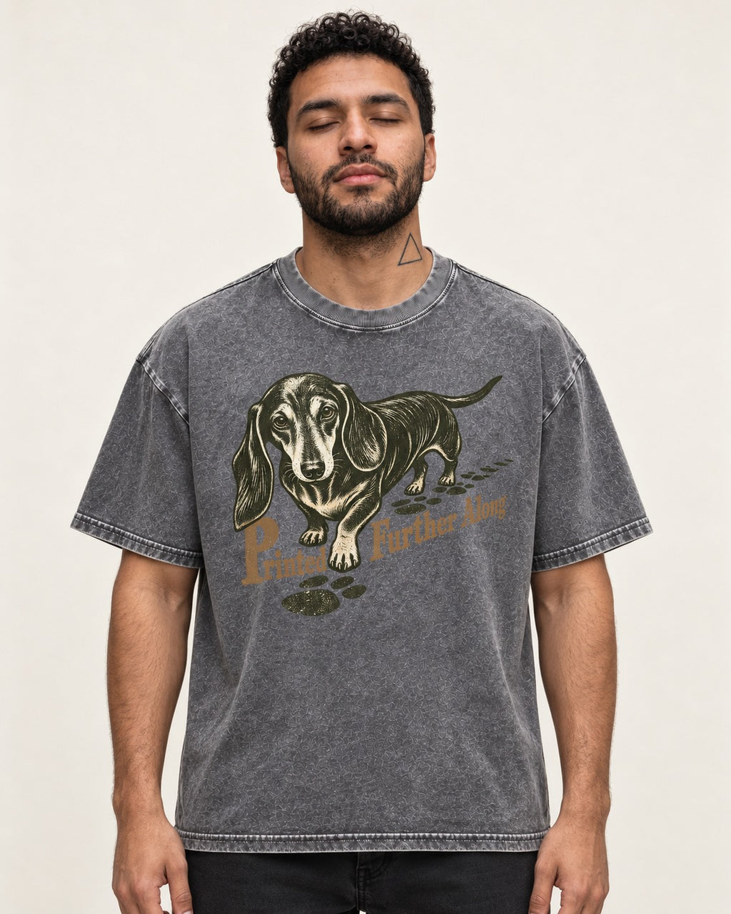 Dachshund Printed Further Along Footprint Graphic Washed Tee in Gray, worn by a model
