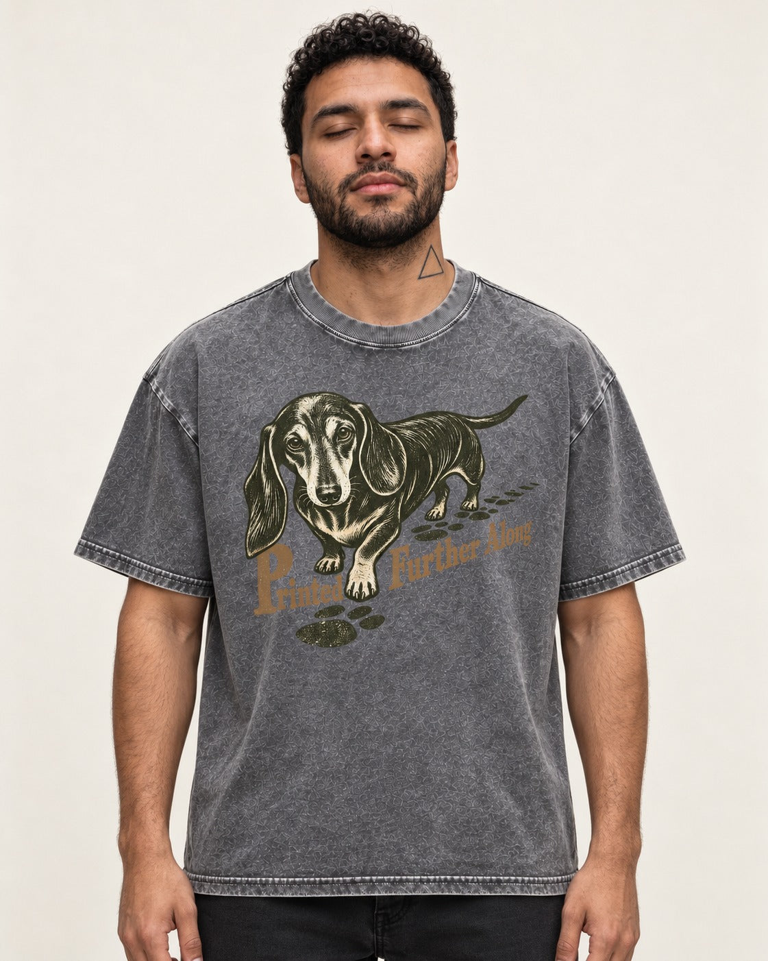 Dachshund Printed Further Along Footprint Graphic Washed Tee in Gray, worn by a model