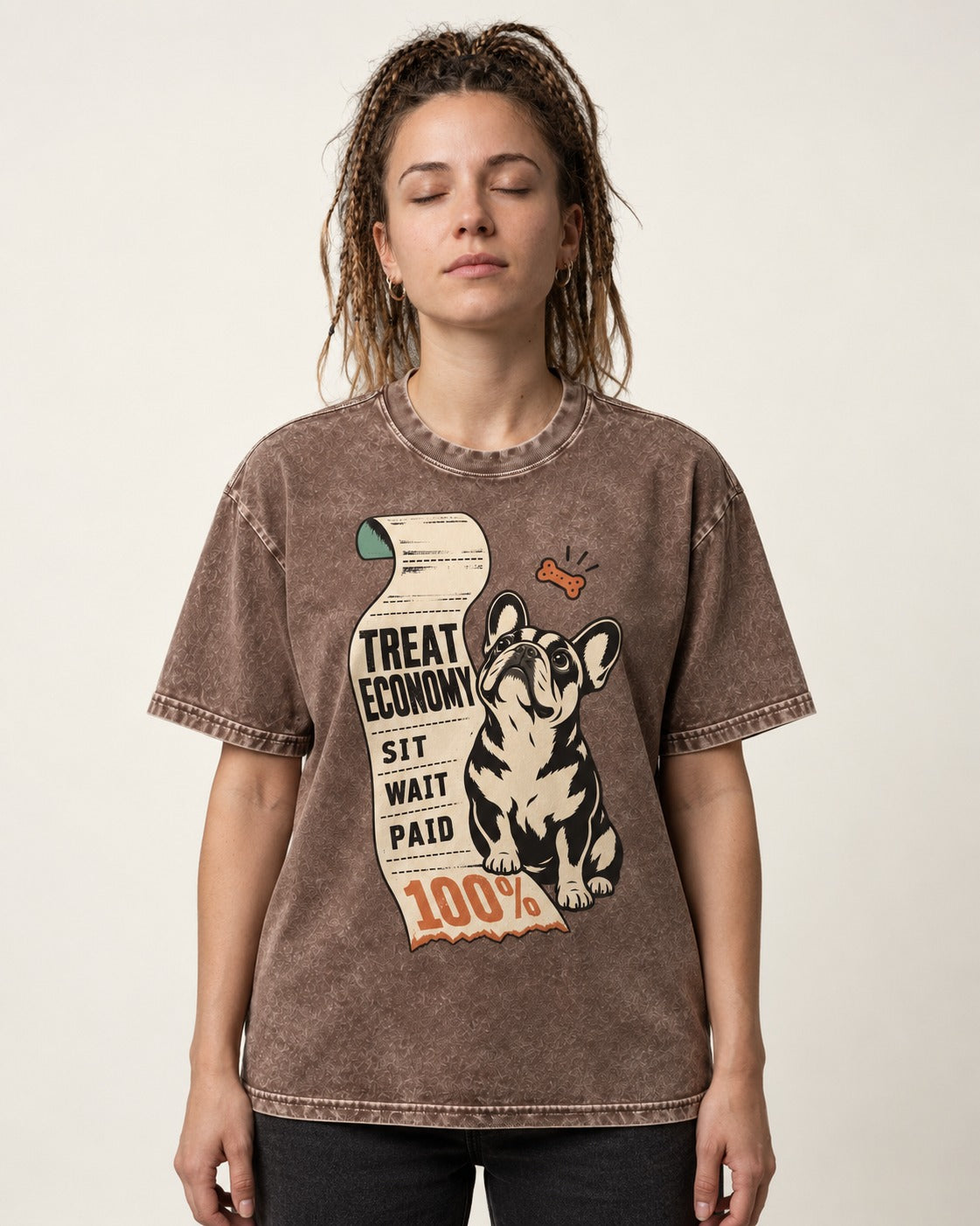 Sit Wait Paid Frenchie Washed Tee in Coffee, worn by a model