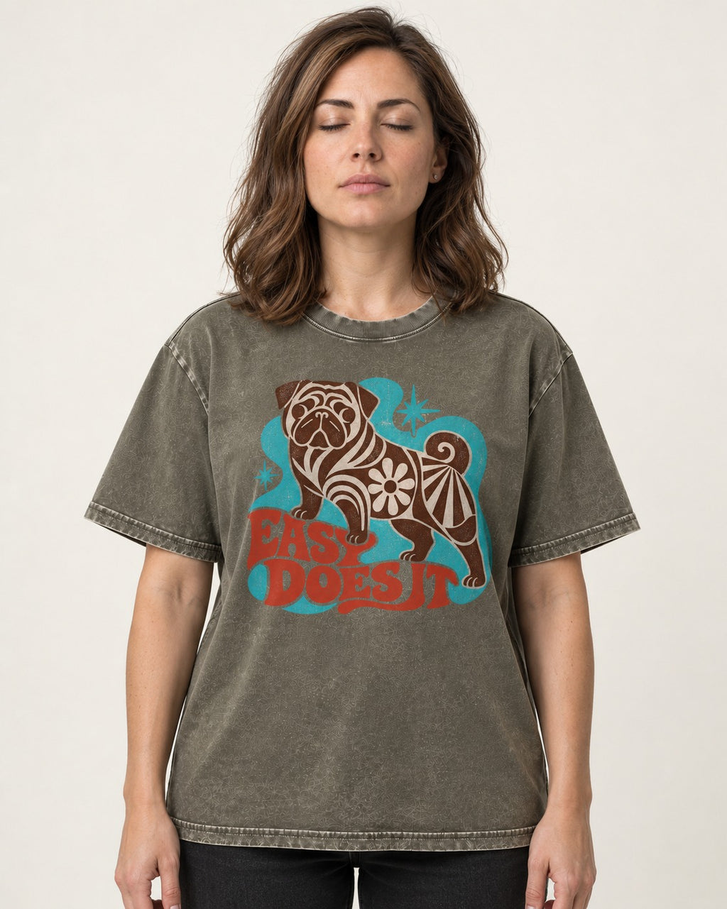 Pug Easy Does It Retro Floral Graphic Washed Tee in Army Green, worn by a model