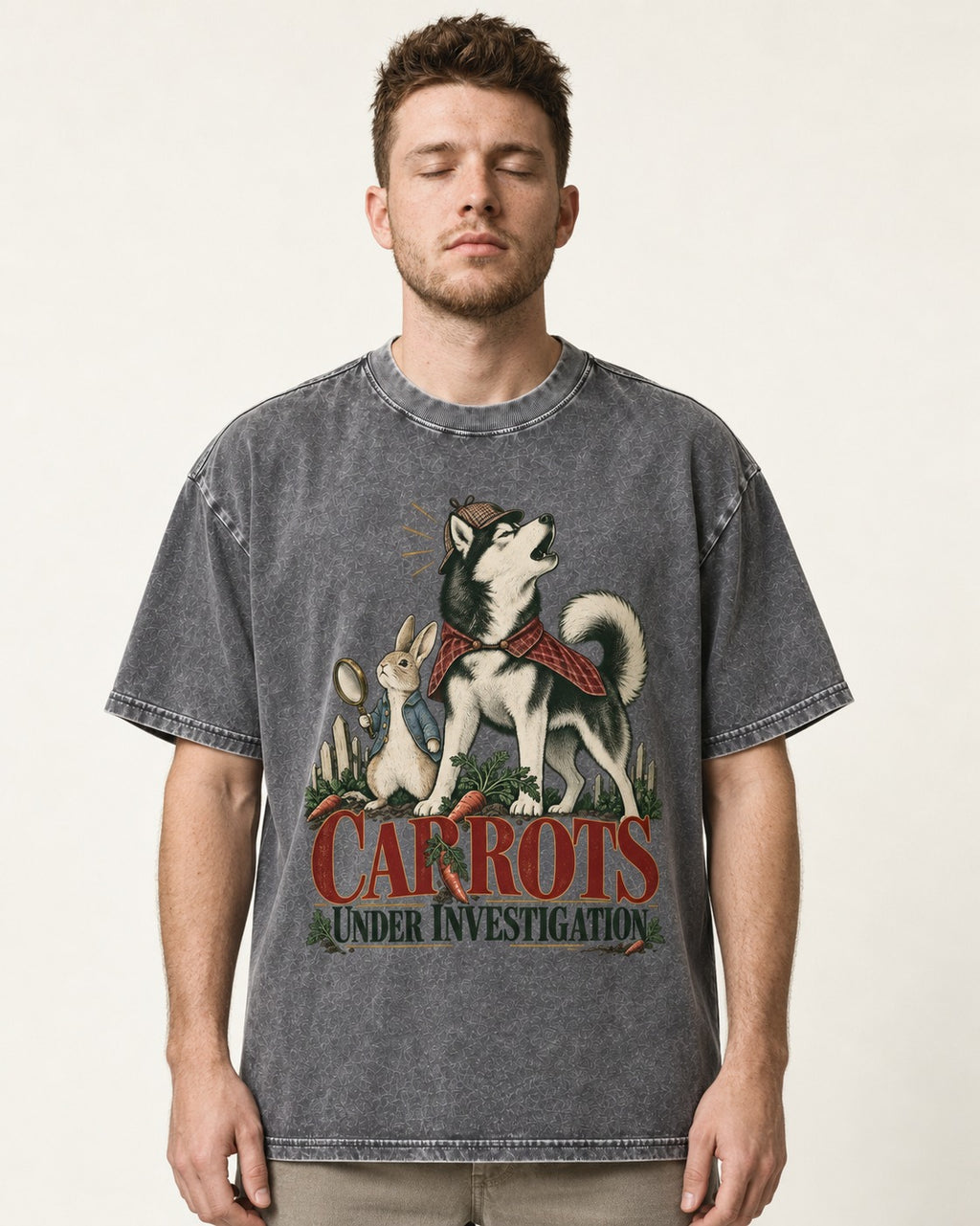 Carrots Under Husky Investigation Washed Tee in Gray, worn by a model