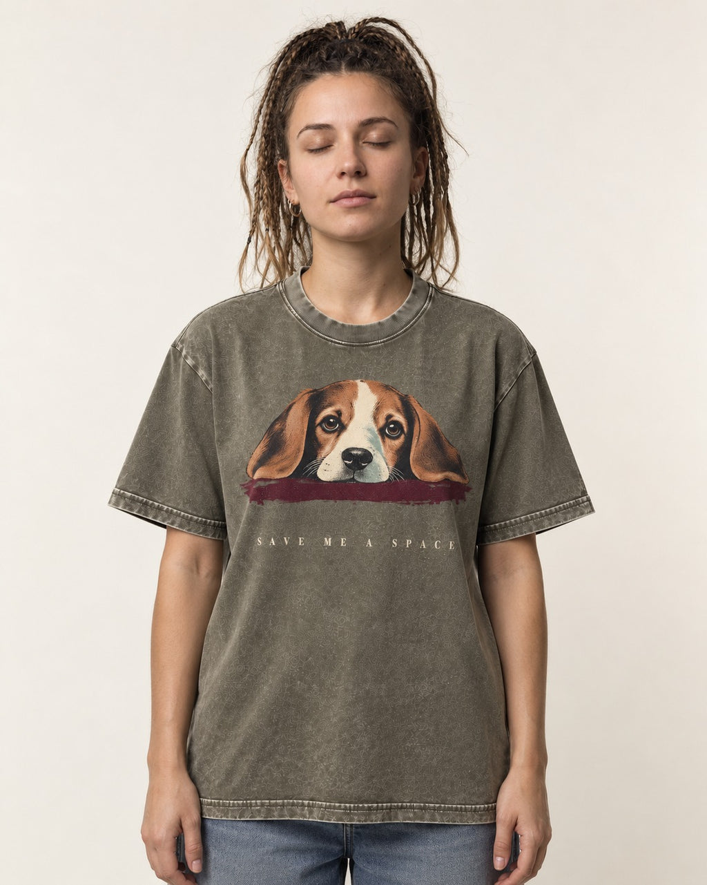 Save Me A Space Beagle Washed Tee in Army Green, worn by a model