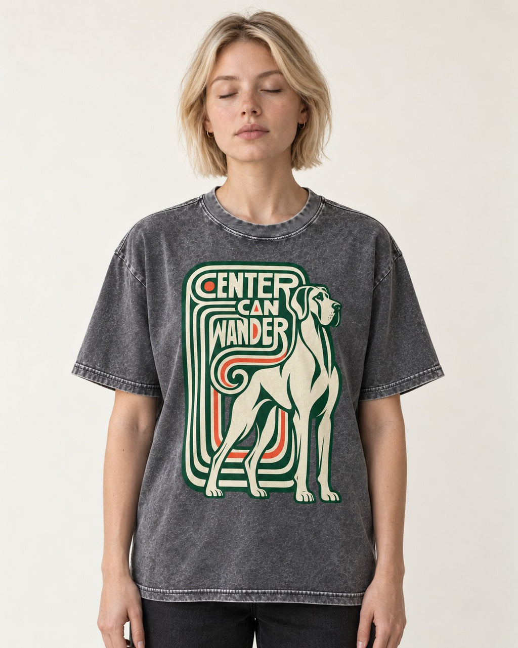 Great Dane Center Can Wander Washed Tee in Gray, worn by a model