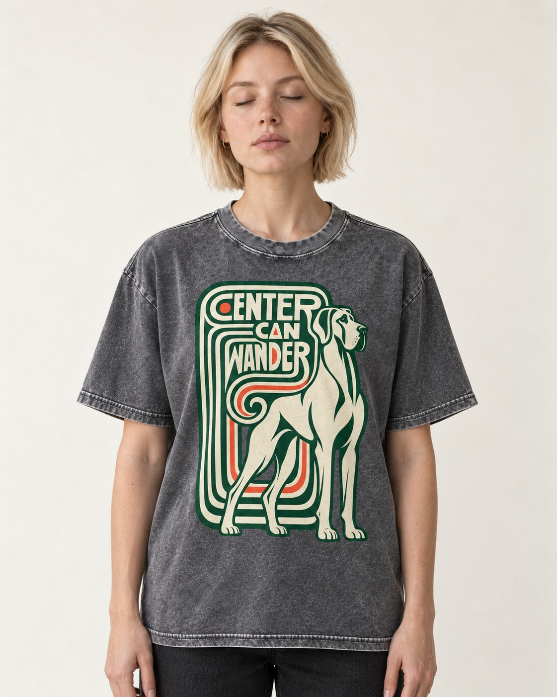 Great Dane Center Can Wander Washed Tee in Gray, worn by a model