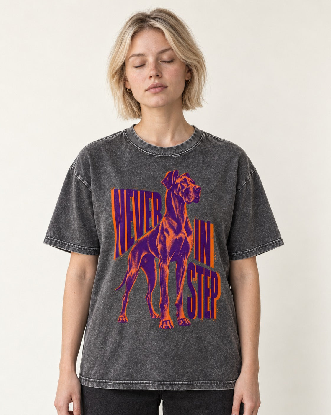 Great Dane Never in Step Standing Graphic Washed Tee in Gray, worn by a model
