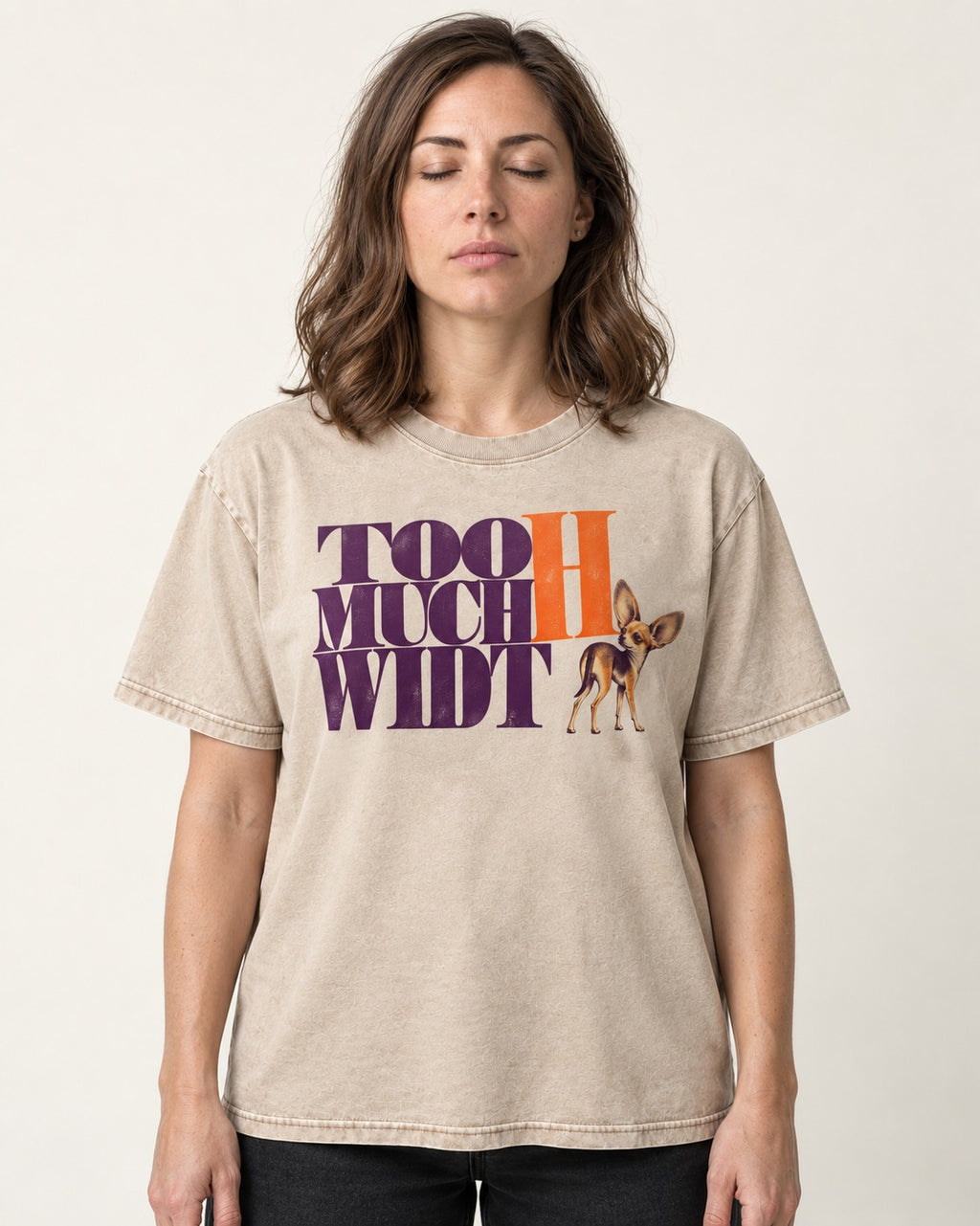 Too Much Width Chihuahua Washed Tee in Apricot, worn by a model