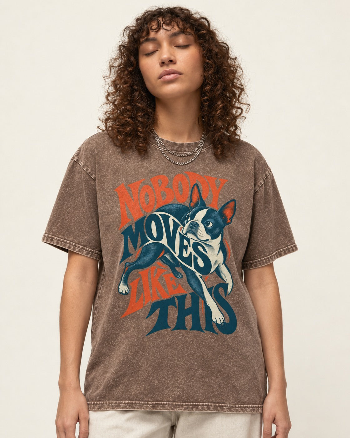 Nobody Moves Like This Boston Terrier Washed Tee in Coffee, worn by a model
