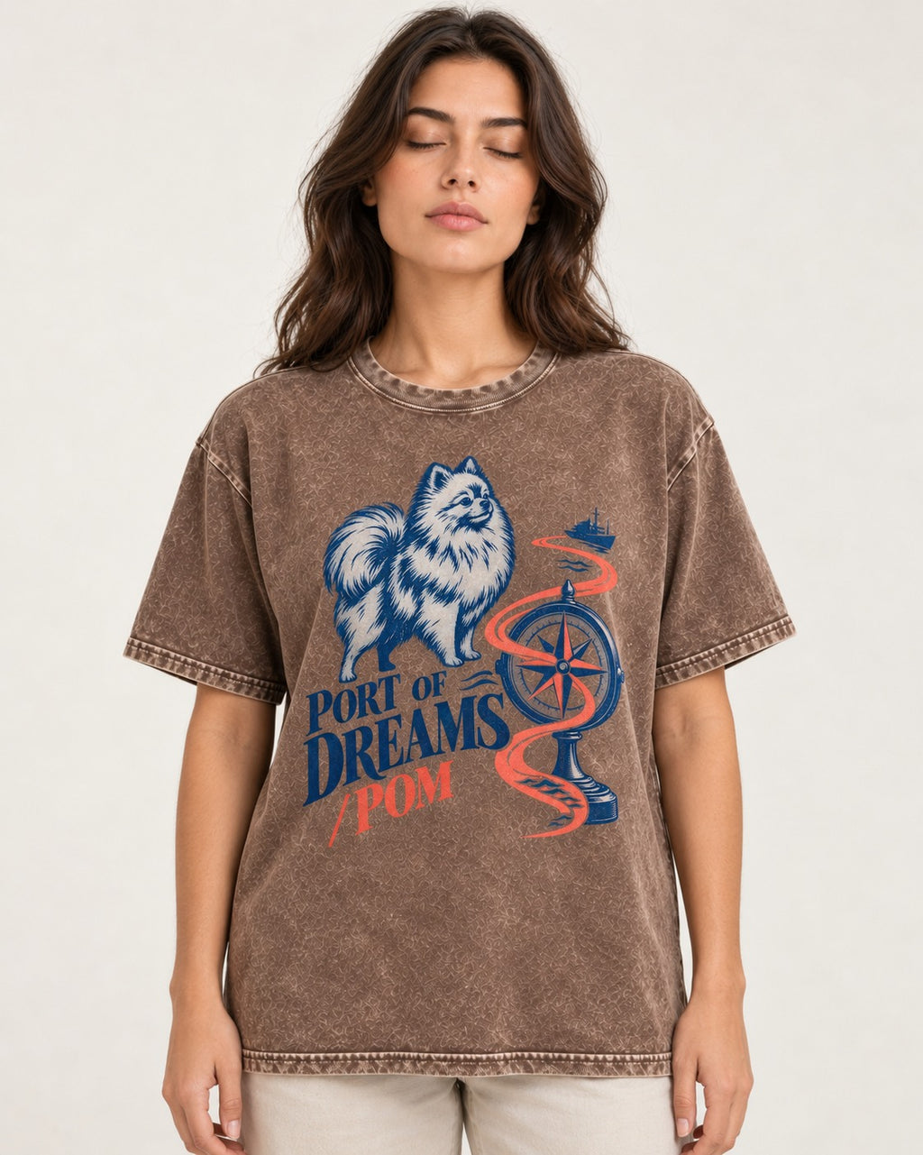 Pomeranian Port of Dreams Washed Tee in Coffee, worn by a model