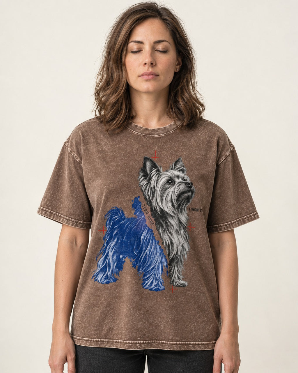 Yorkshire Terrier I Won't Tear Here Washed Tee in Coffee, worn by a model