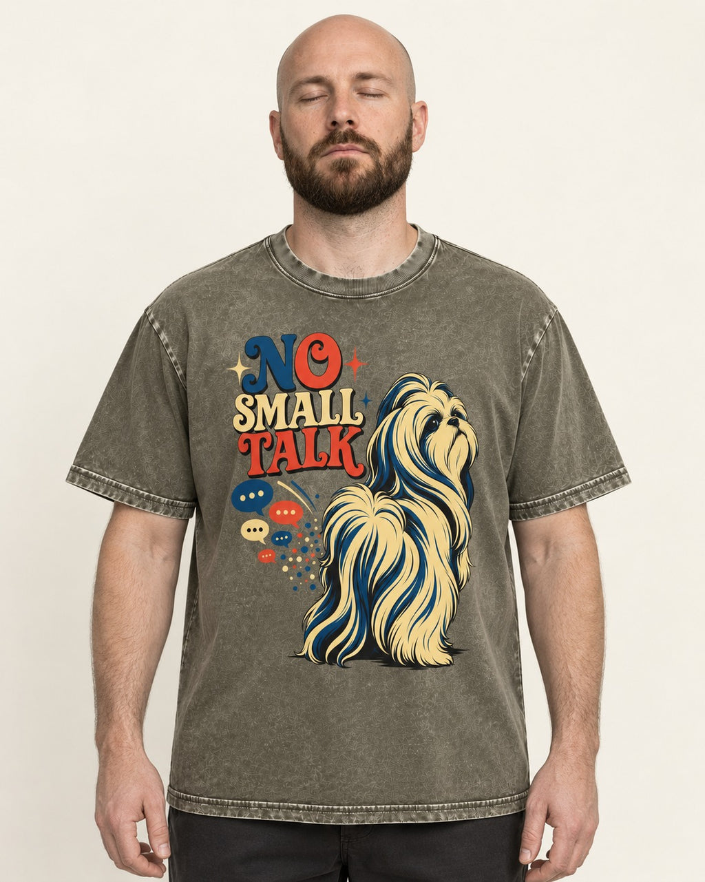 Shih Tzu No Small Talk Speech Bubble Graphic Washed Tee in Army Green, worn by a model