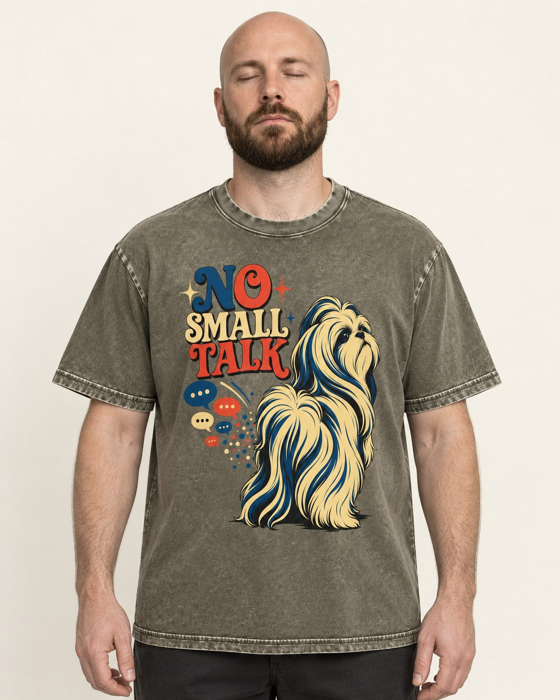 Shih Tzu No Small Talk Speech Bubble Graphic Washed Tee in Army Green, worn by a model