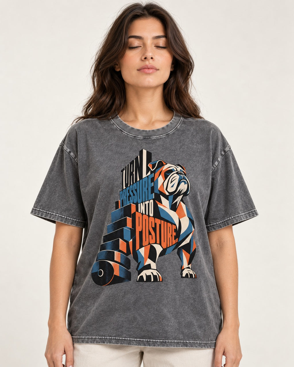Turn Pressure Into Posture English Bulldog Washed Tee in Gray, worn by a model