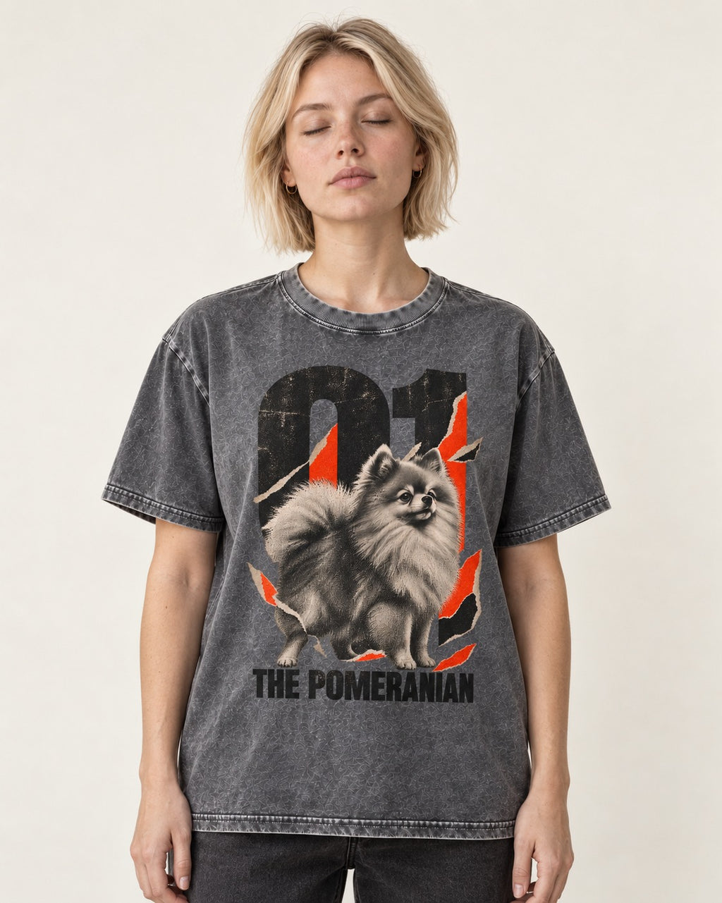 The Pomeranian Washed Tee in Gray, worn by a model