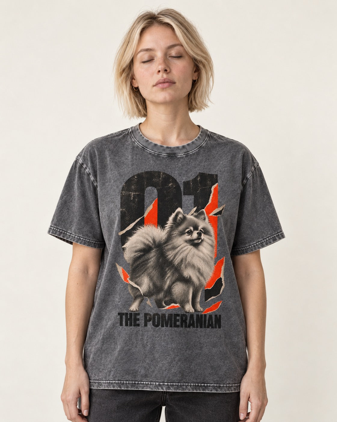 The Pomeranian Washed Tee in Gray, worn by a model