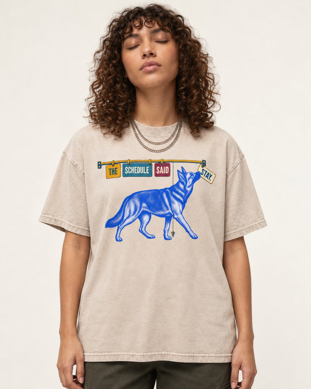 German Shepherd Dog The Schedule Said Stay Graphic Washed Tee in Apricot, worn by a model