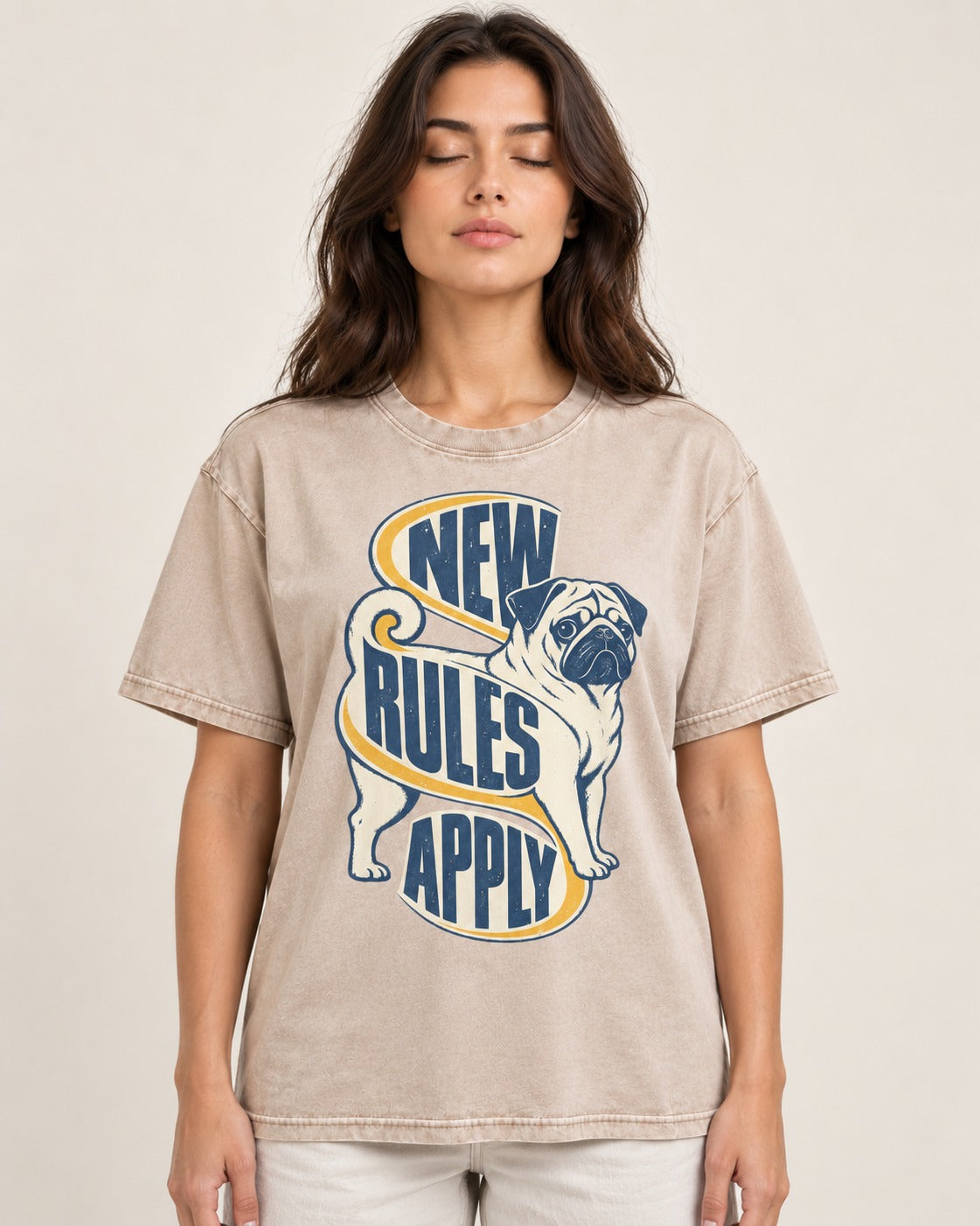 Pug New Rules Apply Ribbon Graphic Washed Tee in Apricot, worn by a model