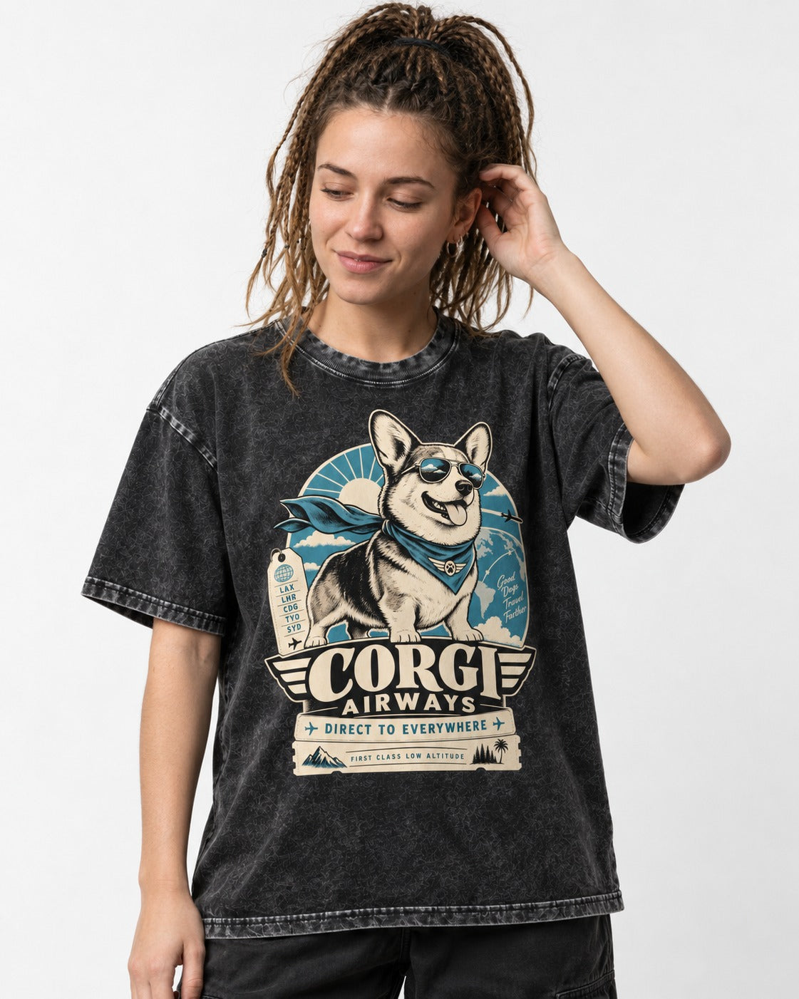 Corgi Airways Direct to Everywhere Badge Washed Tee in Black, worn by a model