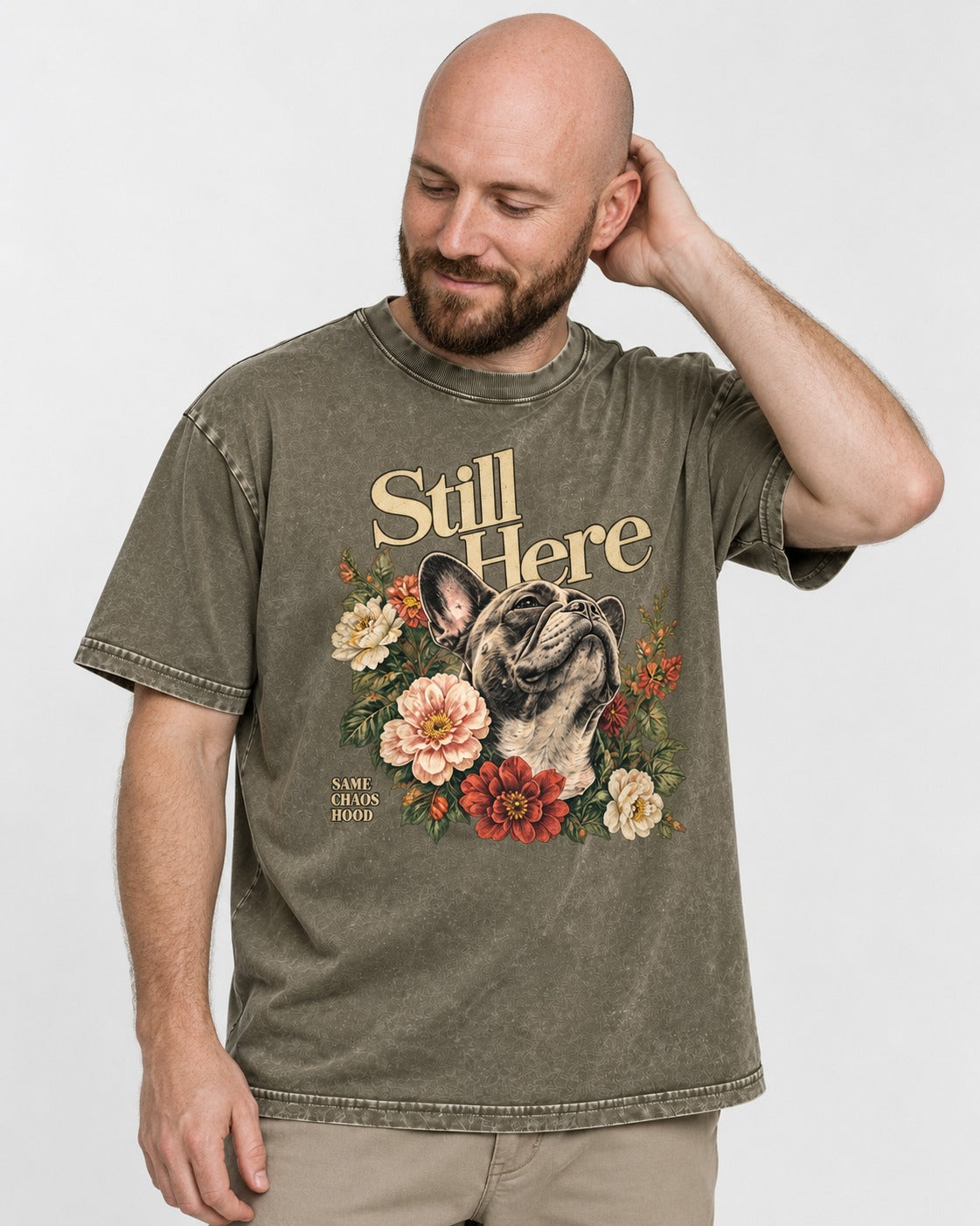 Frenchie Still Here Floral Portrait Graphic Washed Tee in Army Green, worn by a model
