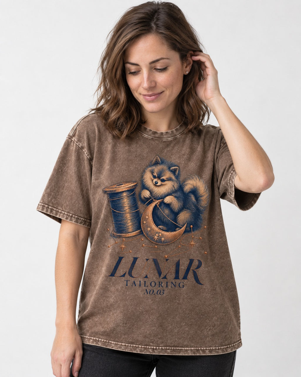 Pomeranian's Lunar Tailoring Washed Tee in Coffee, worn by a model