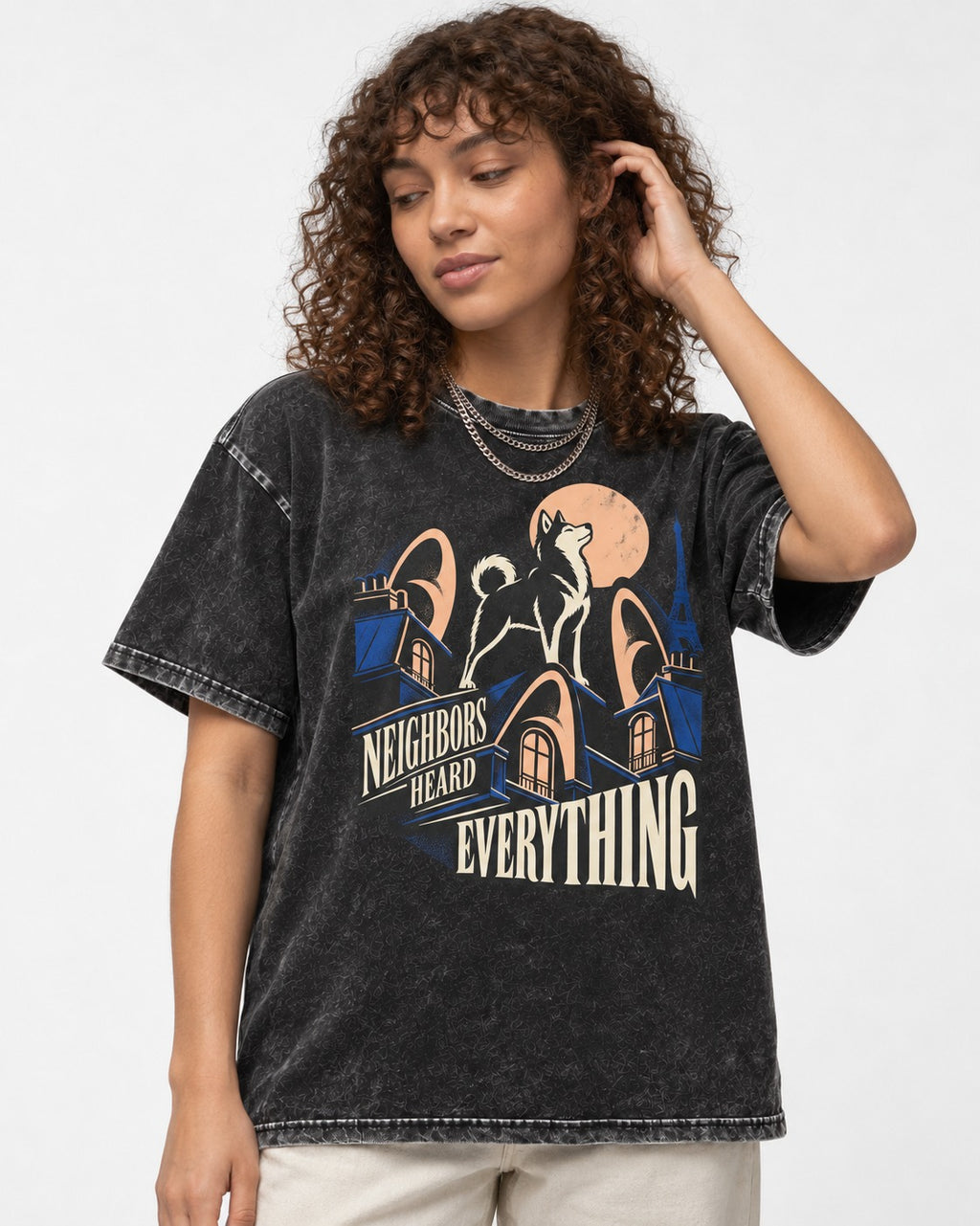 Husky Neighbors Heard Everything Paris Rooftop Graphic Washed Tee in Black, worn by a model