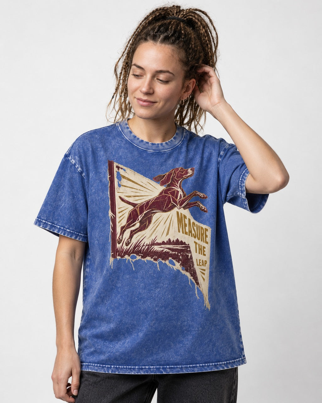 German Shorthaired Pointer Measure the Leap Torn Banner Graphic Washed Tee in Royal Blue, worn by a model