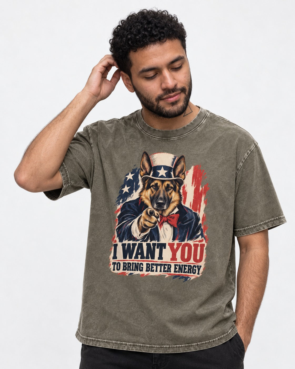 German Shepherd Dog I Want You to Bring Better Energy Poster Washed Tee in Army Green, worn by a model