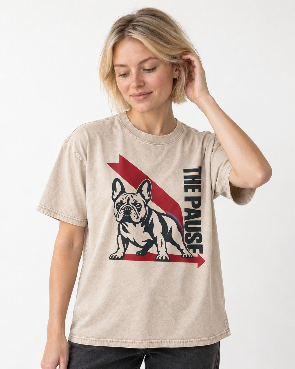The Frenchie Pause Washed Tee in Apricot, worn by a model
