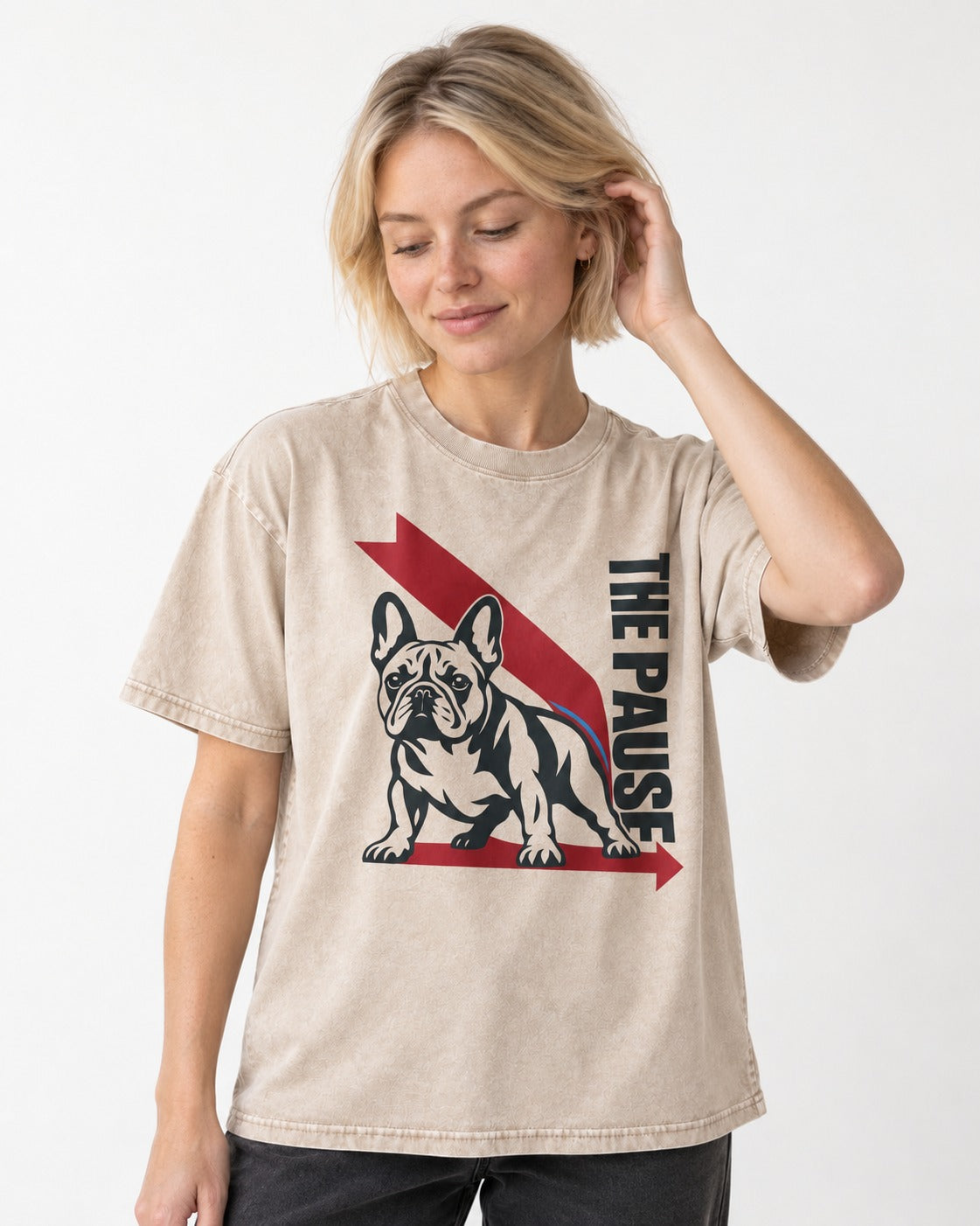 The Frenchie Pause Washed Tee in Apricot, worn by a model