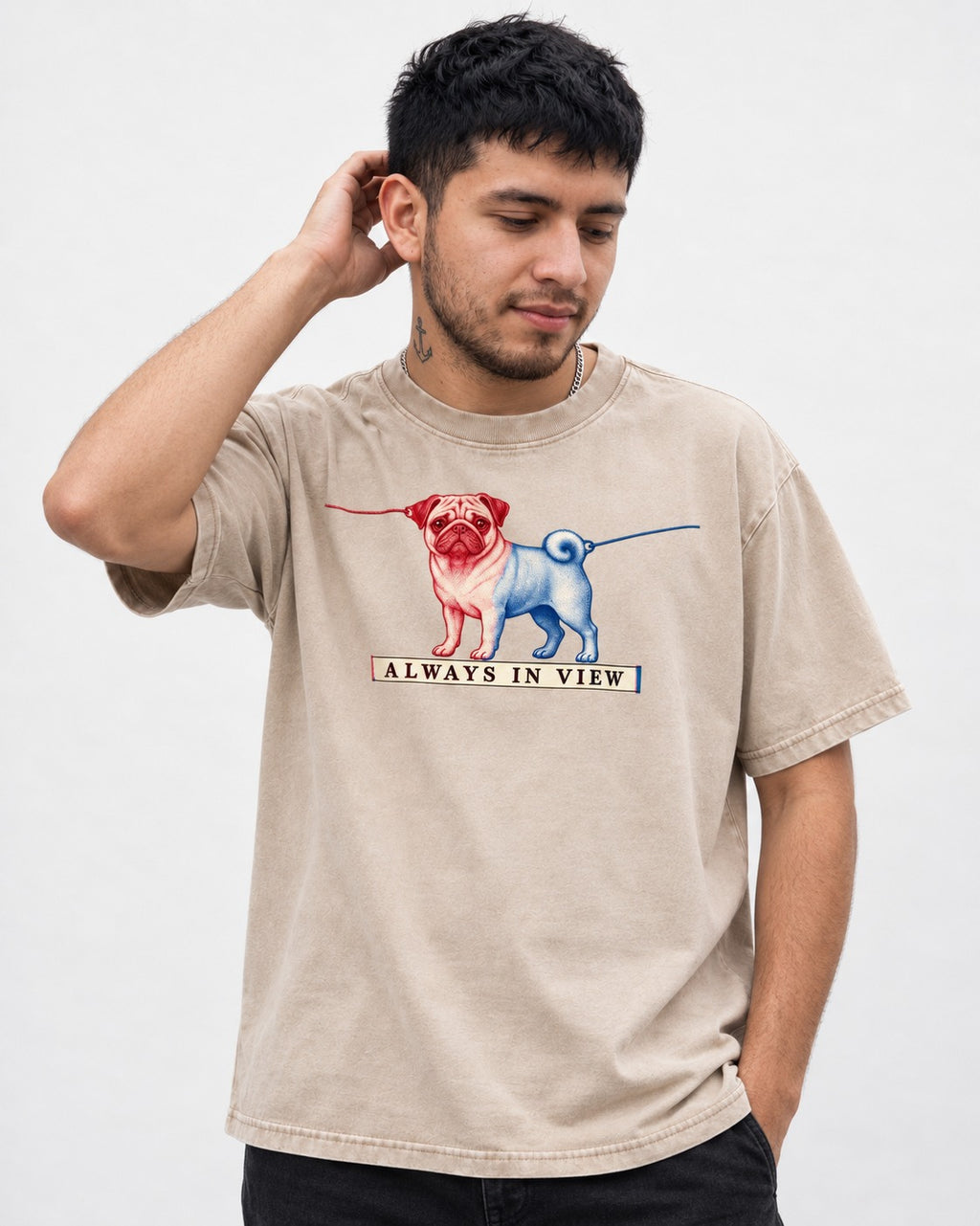 Pug Always in View Split Leash Graphic Washed Tee in Apricot, worn by a model