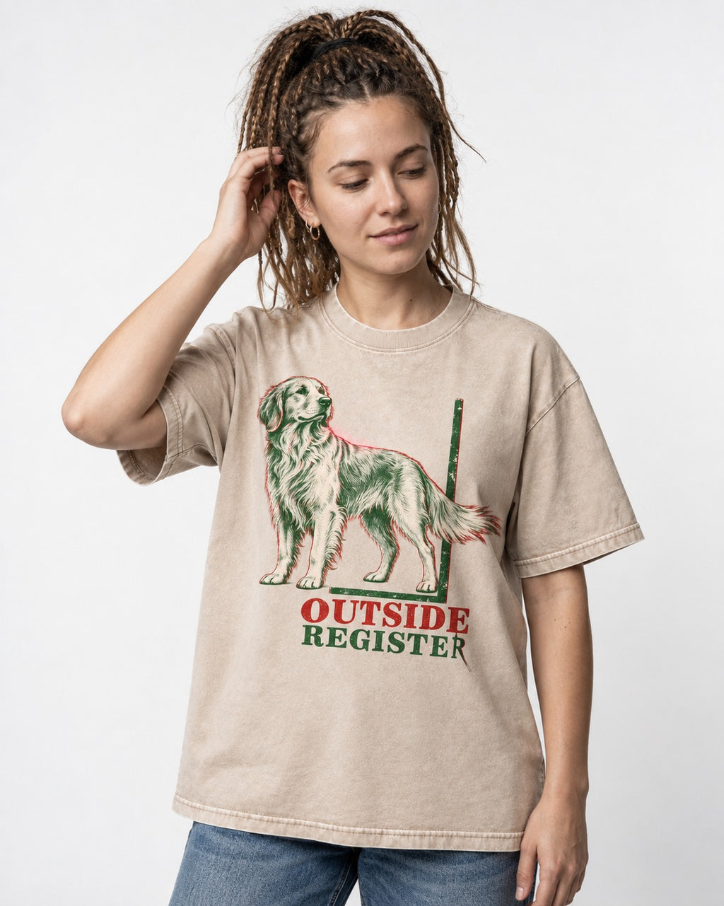 Outside Register Golden Retriever Washed Tee in Apricot, worn by a model