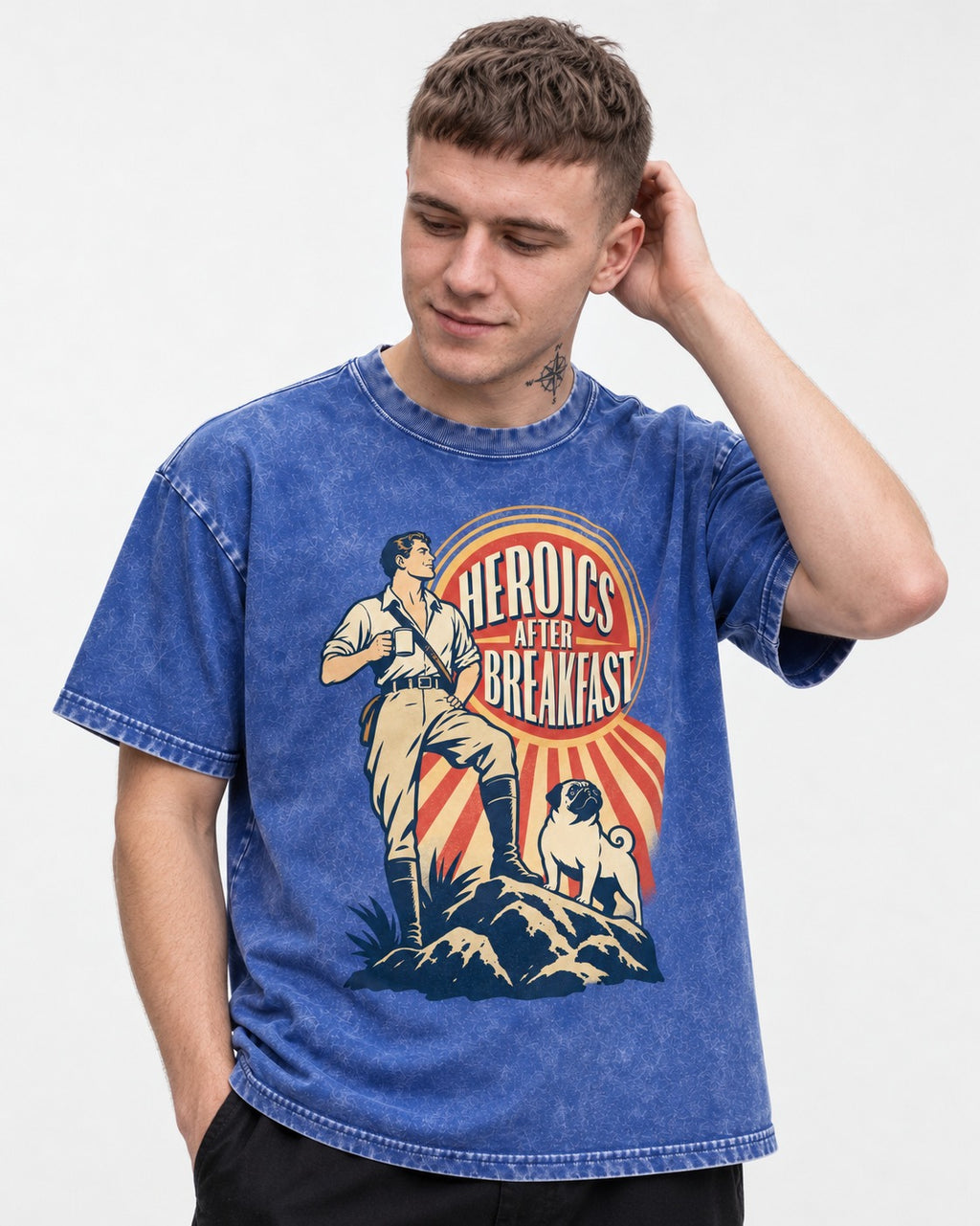 Pug Heroics After Breakfast Adventure Graphic Washed Tee in Royal Blue, worn by a model