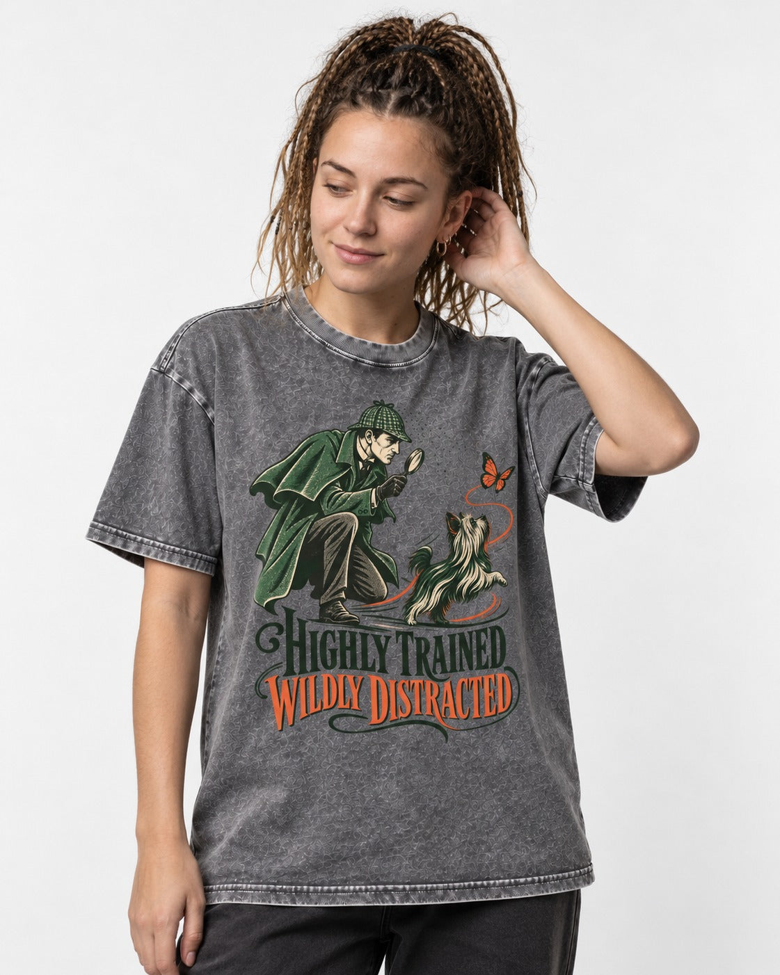 Highly Trained Wildly Distracted Yorkshire Terrier Washed Tee in Gray, worn by a model