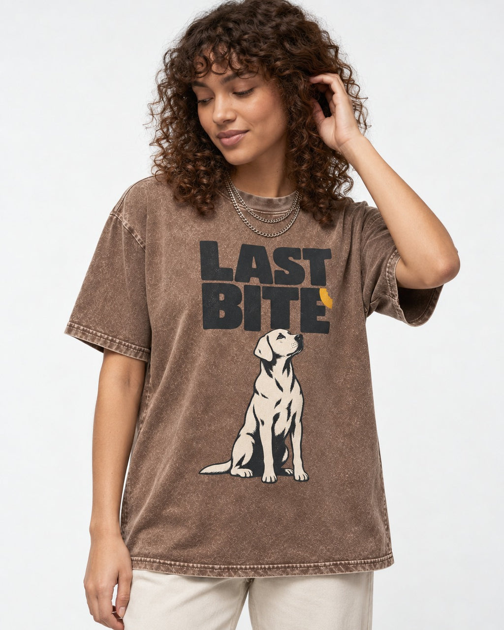 Labrador Retriever's Last Bite Washed Tee in Coffee, worn by a model