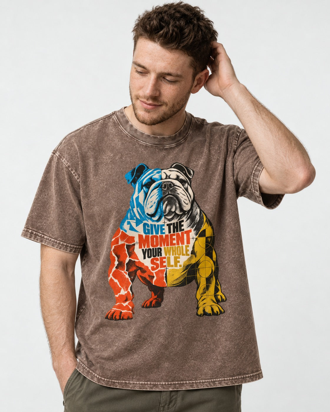 English Bulldog Give Your Whole Self Washed Tee in Coffee, worn by a model