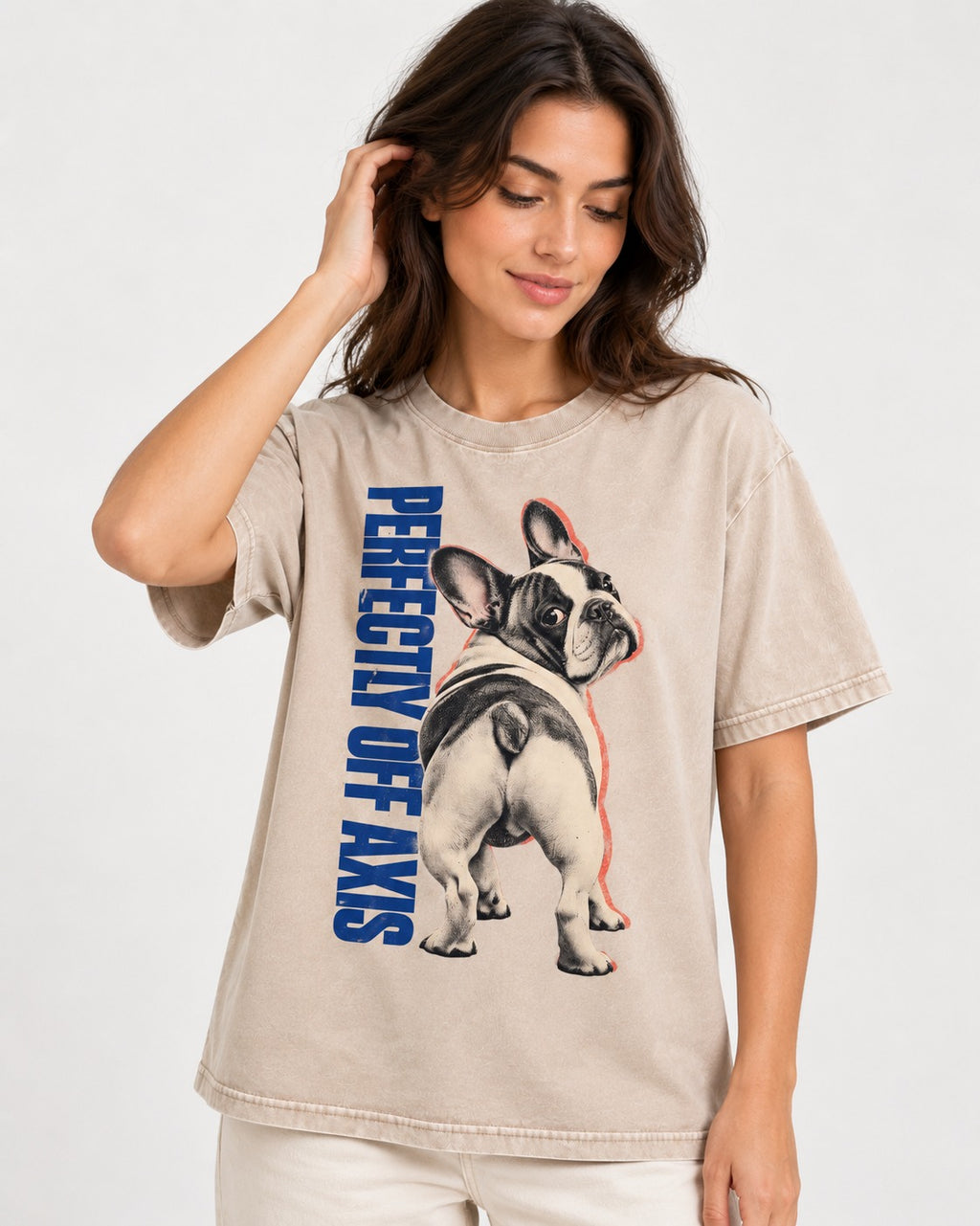 Perfectly Off Axis Frenchie Washed Tee in Apricot, worn by a model