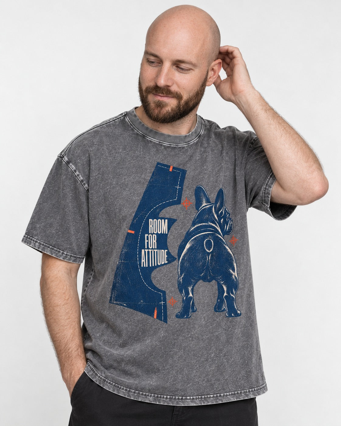 Frenchie Room for Attitude Pattern Piece Graphic Washed Tee in Gray, worn by a model