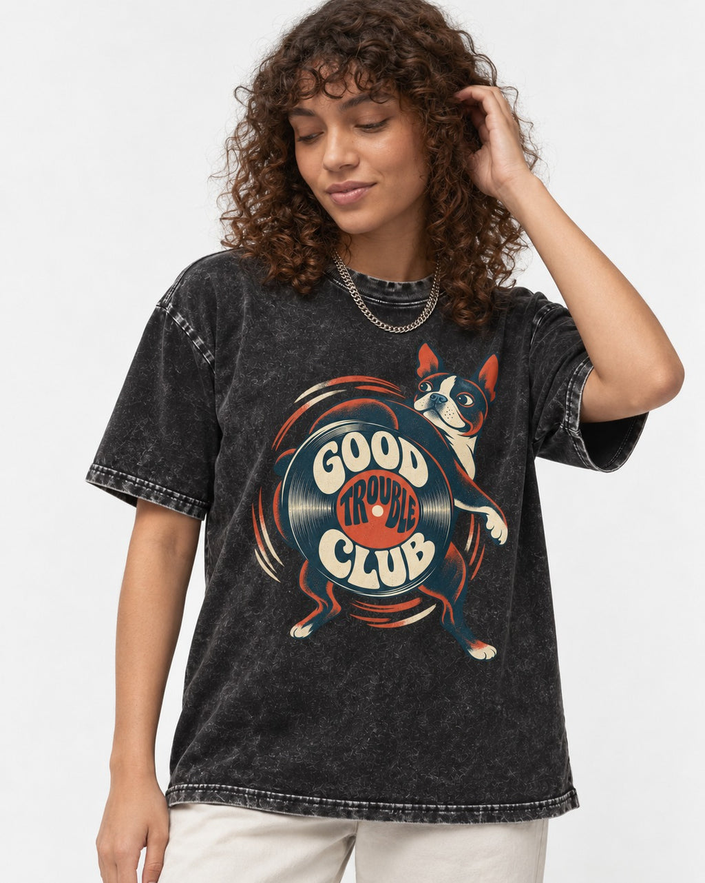 Good Trouble Club Boston Terrier Washed Tee in Black, worn by a model