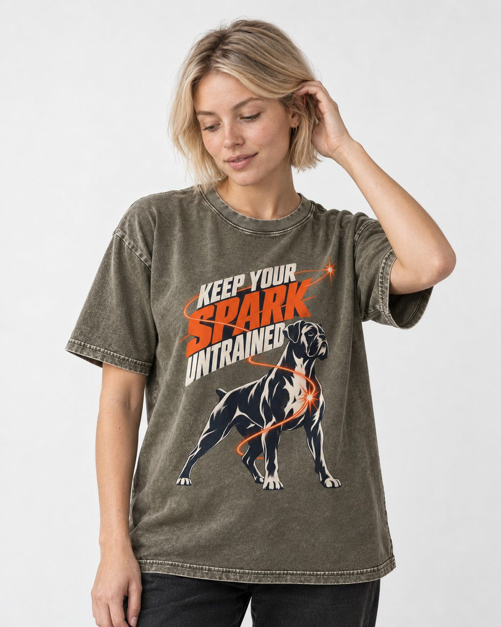 Boxer Keep Your Spark Untrained Washed Tee in Army Green, worn by a model