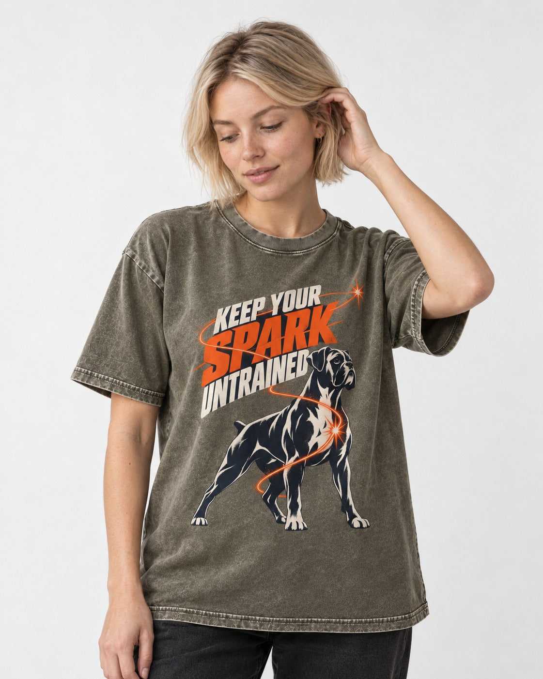 Boxer Keep Your Spark Untrained Washed Tee in Army Green, worn by a model