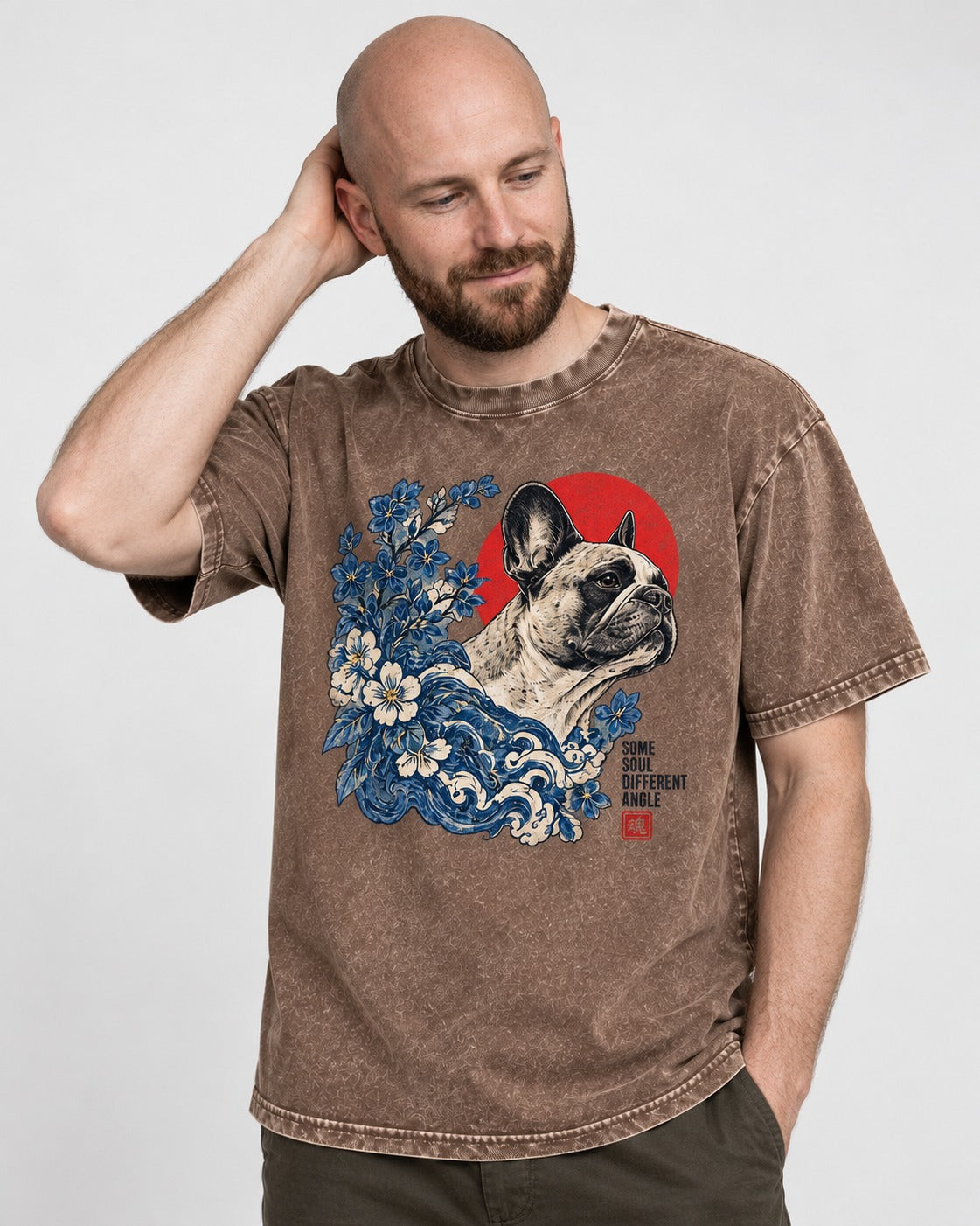 Some Soul Different Angle Frenchie Washed Tee in Coffee, worn by a model