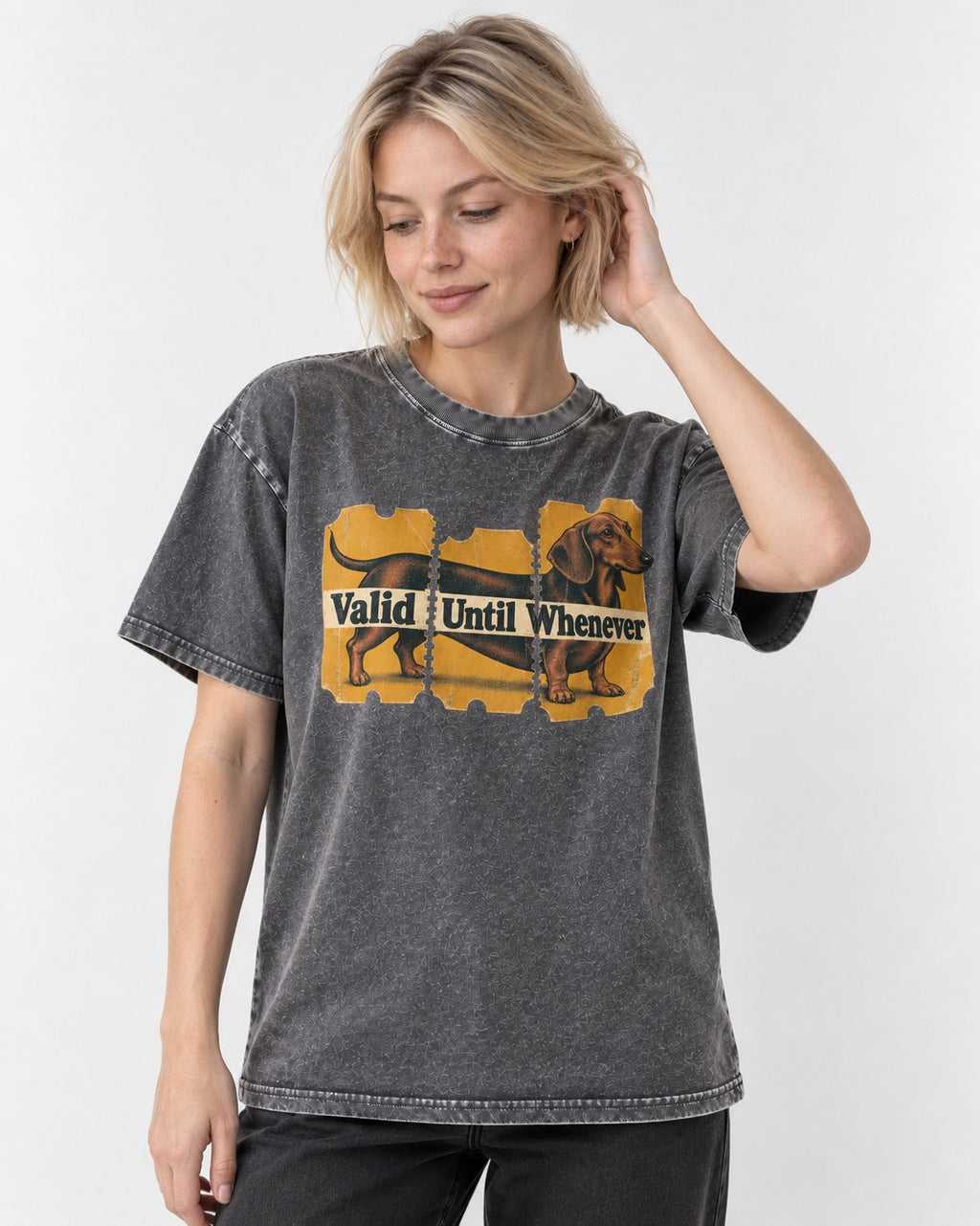 Dachshund Valid Until Whenever Washed Tee in Gray, worn by a model