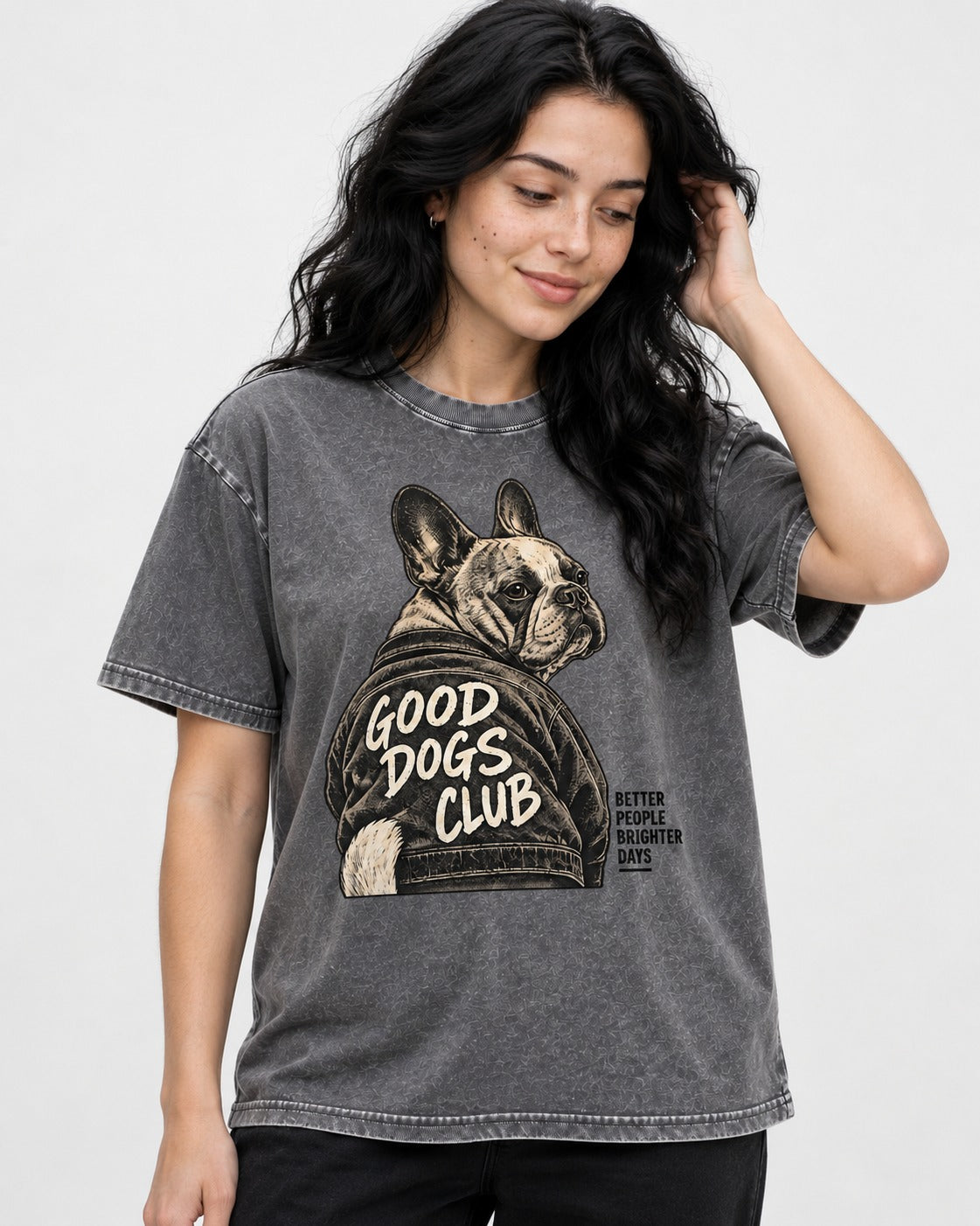 Good Frenchie Club Washed Tee in Gray, worn by a model