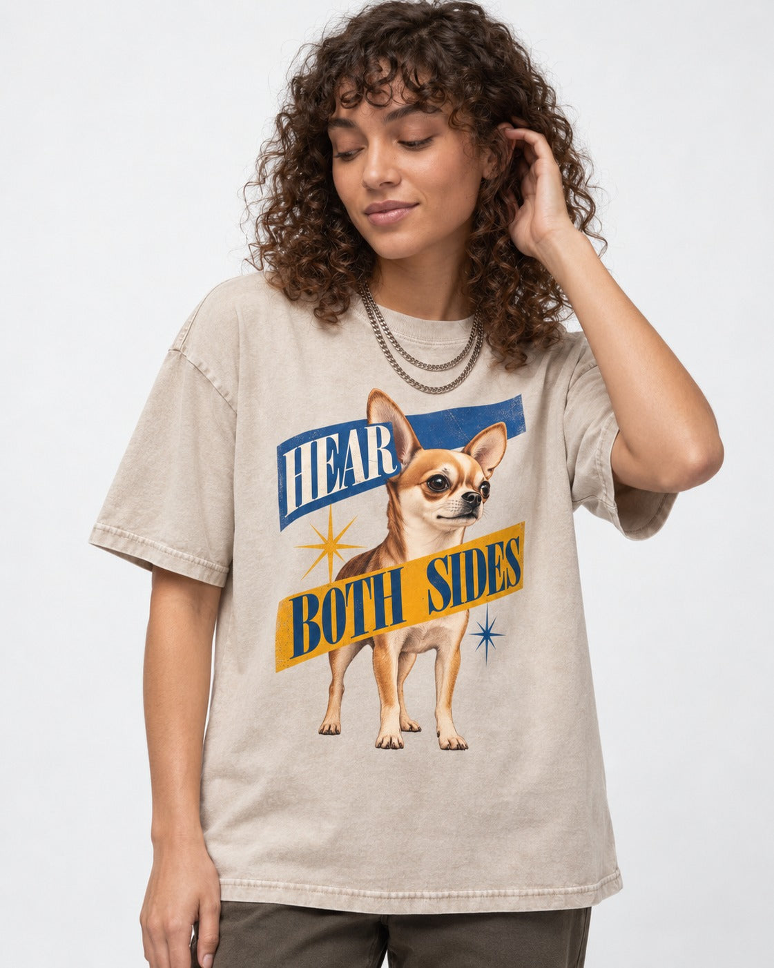 Chihuahua Hear Both Sides Banner Graphic Washed Tee in Apricot, worn by a model