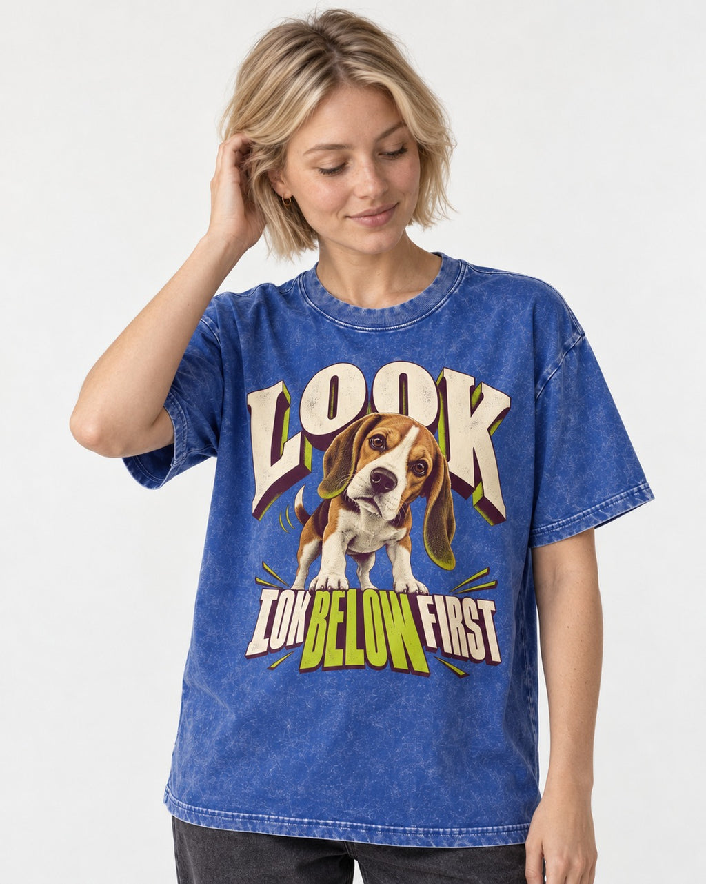 Beagle Look Low Below First Washed Tee in Royal Blue, worn by a model
