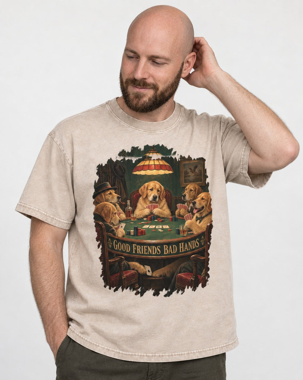 Good Friends Bad Hands Poker Golden Retriever Graphic Washed Tee in Apricot, worn by a model